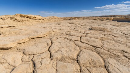 Cracked And Dry Desert Rock Texture With Deep Fissures Under A Clear Blue Sky
