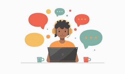 cartoon illustration person working operator in front monitor screen plain background Generate AI