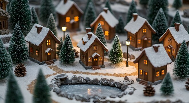 Miniature winter village scene with snow-covered houses, pine trees, and a frozen pond, creating a cozy and festive atmosphere for the holidays. - Powered by Adobe