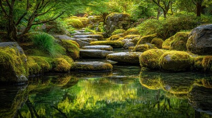 Serene Japanese Garden Oasis with Lush Greenery, Tranquil Water Features, and Vibrant Reflections in a Peaceful Natural Landscape