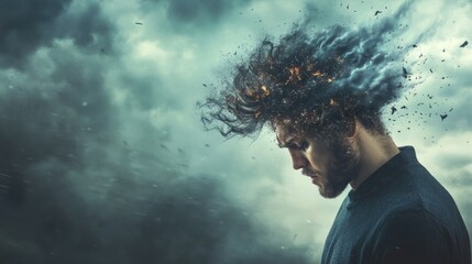 overwhelmed man, with a blank mind and a tornado in his head generative ai