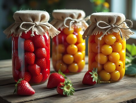Rustic kitchen scene with glass jars of preserved yellow cherry tomatoes and fresh strawberries, natural organic homemade food storage concept with warm light and wooden table background

 - Powered by Adobe