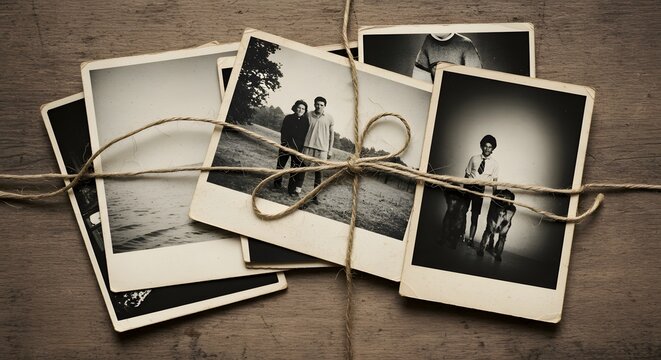 A stack of vintage black and white photographs, bound together by rustic twine, evoking memories and nostalgia of times past.