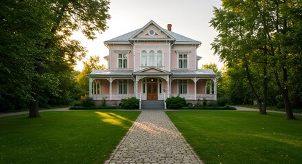 Obraz premium A two-story pink house stands proudly amidst lush greenery, with a stone pathway leading to its inviting porch, bathed in the warm sunlight.