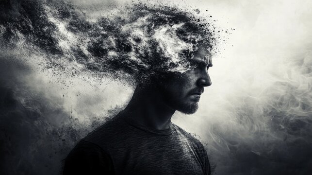 overwhelmed man, with a blank mind and a tornado in his head generative ai