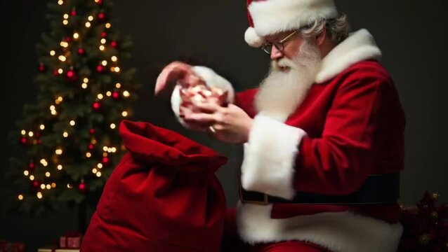 Santa Claus Checking The GIfts Inside The Christmas Bag