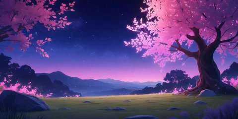 Gordijnen Magical dreamy landscape with pink sakura tree under starry night sky, serene fantasy scenery with glowing cherry blossom, peaceful nature background for meditation and relaxation visuals   © Imagine 