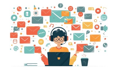 Fototapeta premium cartoon illustration person working operator in front monitor screen plain background Generate AI