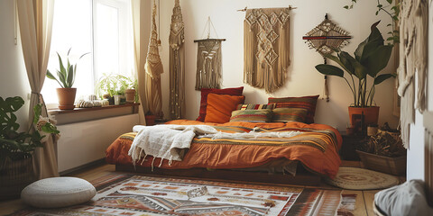 Cozy bedroom with orange bed decorative pillows macrame wall hangings and indoor plants

