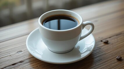 Obraz premium Dark Roast Coffee in White Cup on Rustic Wood Table