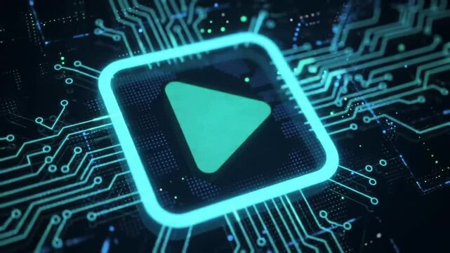 Futuristic play button on a glowing digital circuit board background motion graphic animation for technology videos