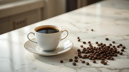 Fototapeta premium Elegant Porcelain Coffee Cup with Scattered Roasted Beans on Marble