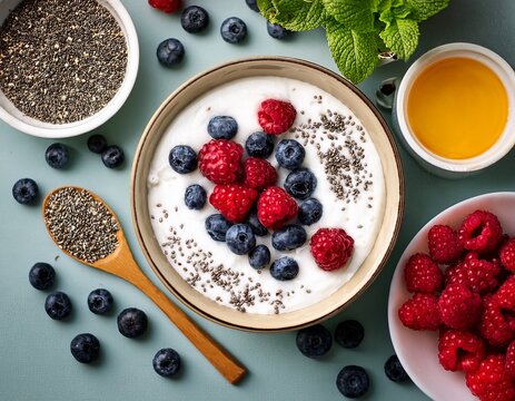 healthy gut foods flat lay for world digestive health day close up of spoon with yogurt chia seeds and berries for digestive wellness - Powered by Adobe