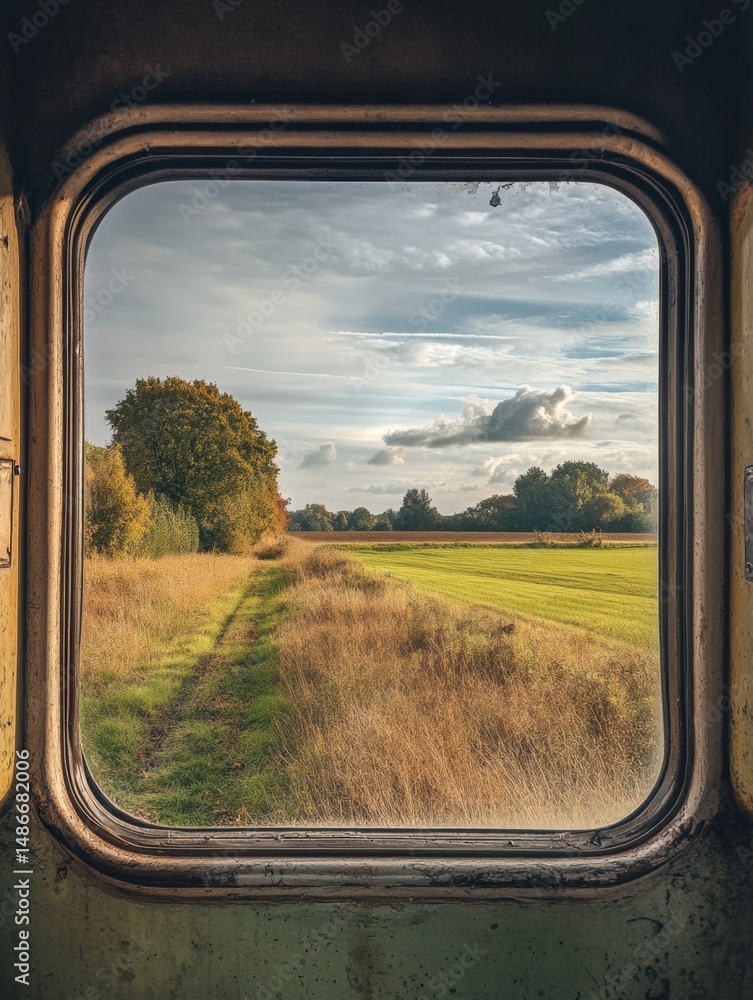 Poster view from an old train window showcasing beautiful fields and trees under a clear sky with ample spa