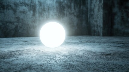 Luminous sphere on textured floor minimalist dark room setting