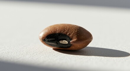 Close-up detail of a black-eyed pea on a clean, bright surface, simple organic composition