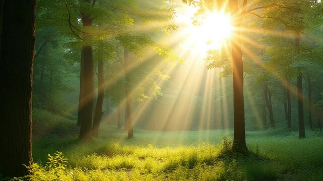 beautiful green forest glade in a light of sun