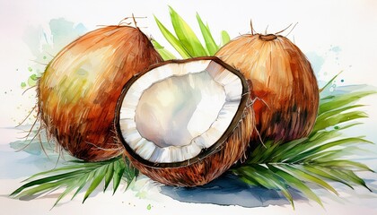 watercolor illustration of coconut fruit summer white background