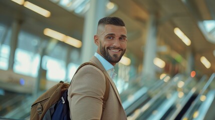 Front view portrait of young male traveler holding a suitcase in the airport. Male businessman traveling by plane