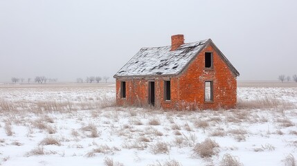 Abandoned Brick House with Winter Field.