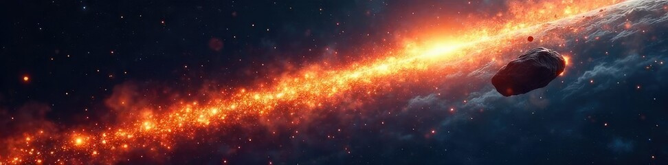 Fototapeta premium A blazing asteroid streaks across the night sky, leaving a fiery trail of cosmic dust Perfect for science, astronomy, space exploration, and fantasy themes , cosmos, science