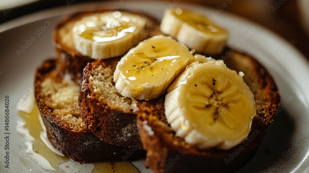 Poster Slices of banana bread topped with banana slices and honey.