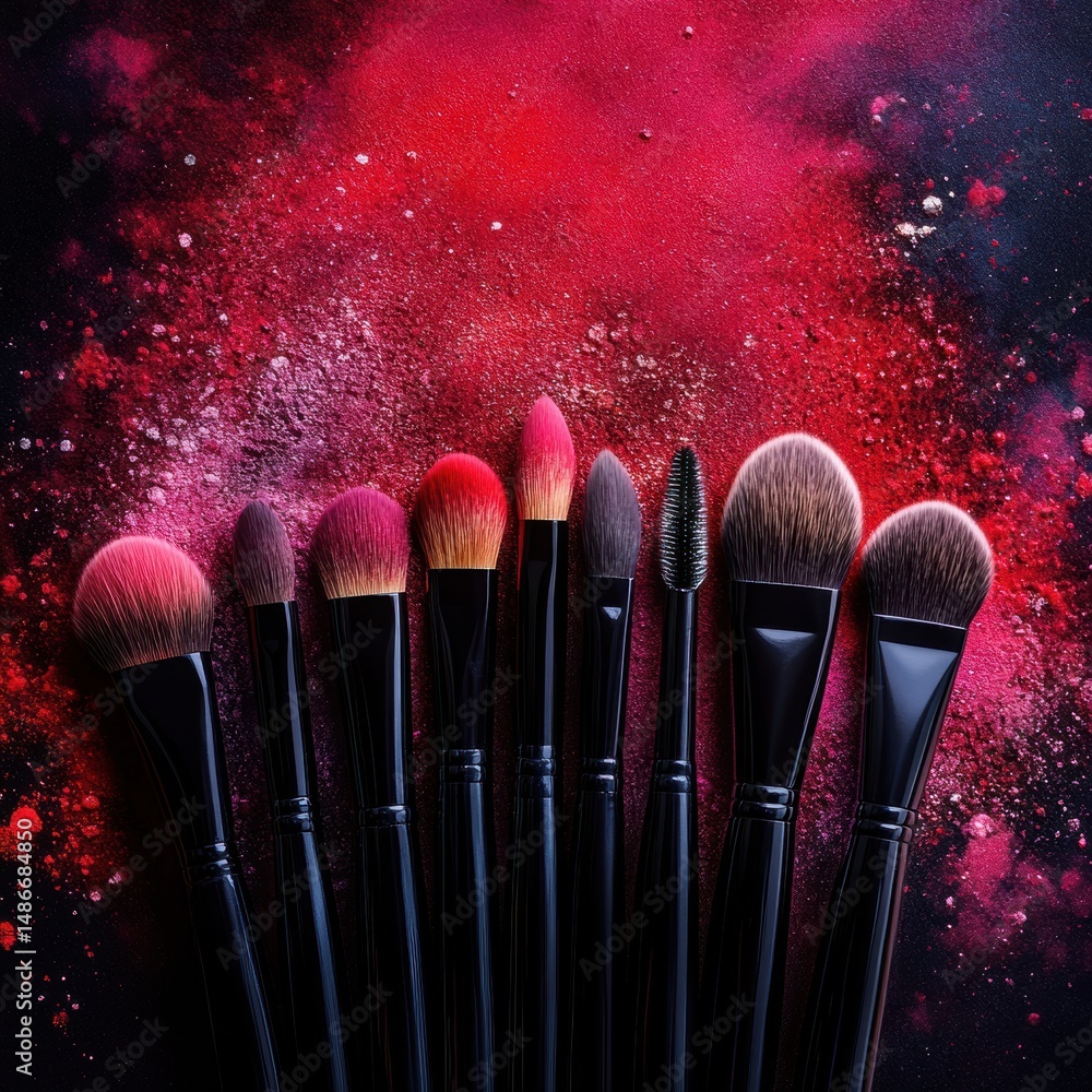 Poster elegant arrangement of makeup brushes on colorful background with artistic splashes and ample negati