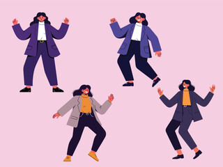 Four Stylish Women in Business Attire Celebrating Success with Joyful Gestures