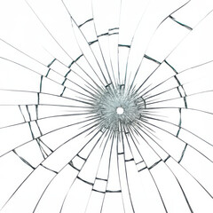 Obraz premium Shattered glass with cracks radiating from a central impact point on a white background