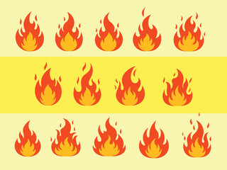 Row of stylized fire icons with orange and yellow flames vector graphics