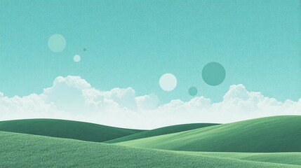 Green hills under a light blue sky with white clouds and floating circles.