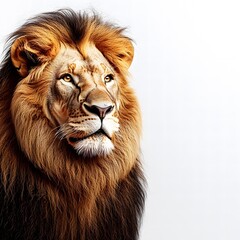 Obraz premium A majestic lion gazes intently with its golden eyes, its magnificent mane a blend of brown and gold against a clean white background, captu its regal nature.