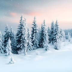 Fototapeta premium Majestic snow laden fir trees stand tall amidst a serene winter landscape, illuminated by the soft glow of dawn under a pastel sky filled with twinkling stars.