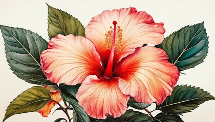 old style picture of a hibiscus flower detailed drawing of the bloom and leaf looks like a hawaiian plant hand drawn and on a white background