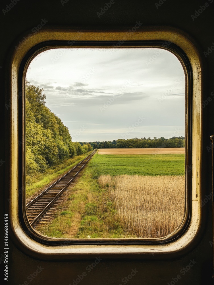Poster looking out of an old train window, peaceful fields and trees slide by under a cloudy sky during a s