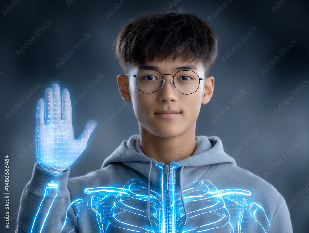Poster a student using hand gestures to manipulate a holographic anatomical model for study.