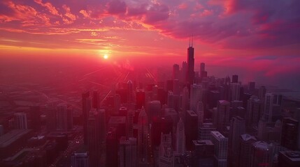 Fototapeta premium A bustling cityscape at twilight with glowing street lights and a dramatic sky