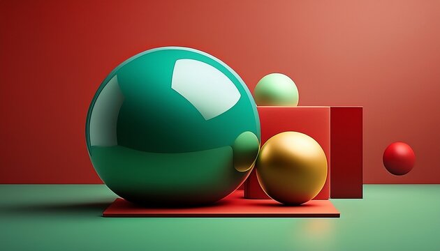 generative ai illustration of colorful geometric shapes of smooth and shiny spheres on stof square platforms against red and green background
