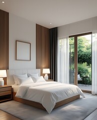 Bright minimalist bedroom design with sunlight through sheer curtains, modern bed, wooden details and greenery, offering a relaxing and harmonious lifestyle space

