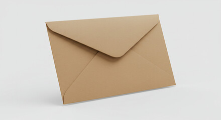 3D kraft paper envelope with closed flap, isolated on white background