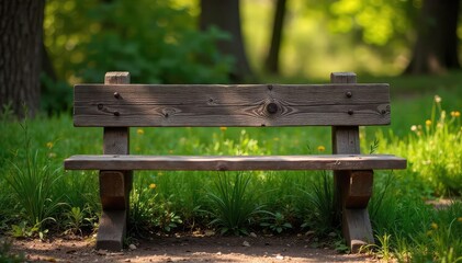Fototapeta premium Rustic wooden bench outdoors, weathered wood, natural setting , timber, texture, nature