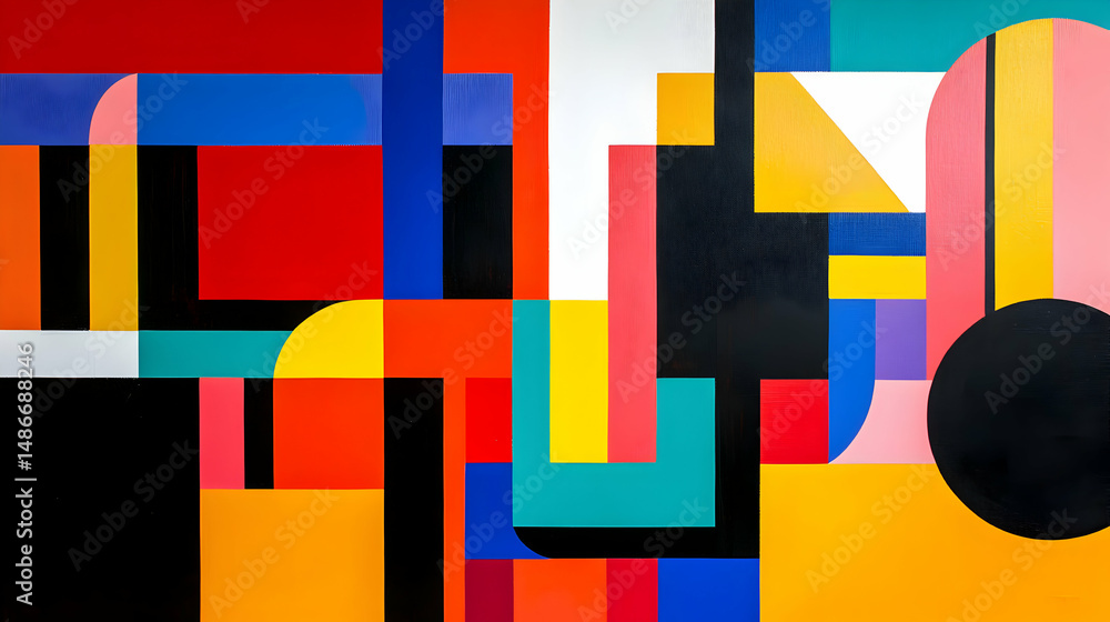 Poster dynamic interplay of geometric shapes and vibrant colors creating an abstract artwork