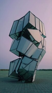 Tour compos&eacute;e de modules vitr&eacute;s empil&eacute;s de mani&egrave;re chaotique

