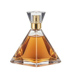 Triangle perfume bottle with a faceted cap, filled with golden liquid, on a black background