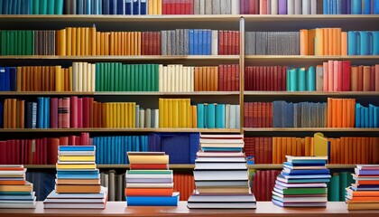 stacks of books in a library surrounded by colorful bookshelves
