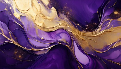 abstract purple and gold fluid art with splashes and textures