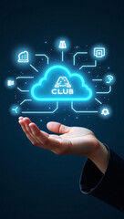 Hand holding a digital cloud club with various icons, symbolizing modern digital technology and networking