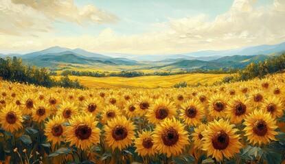 Obraz premium A breathtaking vista of sunflowers and rolling hills.