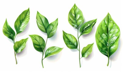 set fresh green leaf wallpaper template plain background abstract plant leaves Generate AI
