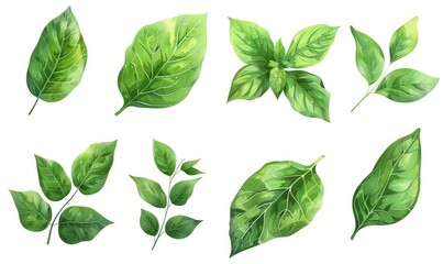 set fresh green leaf wallpaper template plain background abstract plant leaves Generate AI